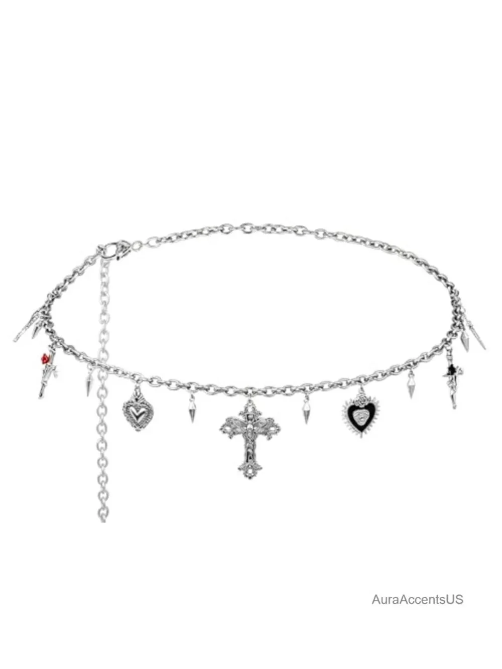 Goth Punk Cross Moth Heart Spike Chain Belt, Waist Belly Chain, Zinc Alloy,
